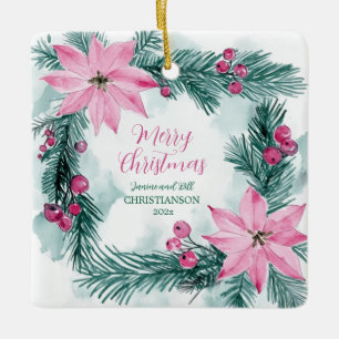 Pink Poinsettias Christmas Ceramic Ornament