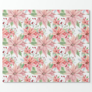 Pink Poinsettias Christmas Flower Pattern Wrapping Paper