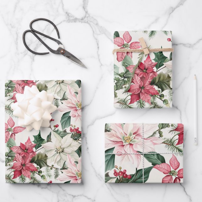 Pink Poinsettias Elegant Christmas  Wrapping Paper Sheet (Front)