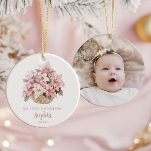 Pink Poinsettias Floral Baby's 1st Christmas Photo Ceramic Tree Decoration