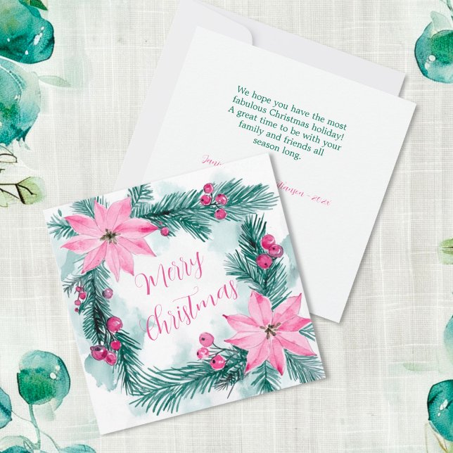 Pink Poinsettias Floral Christmas Card (Pink Poinsettias Floral Christmas Wreath flat card)