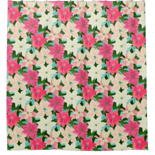Pink Poinsettias Teal Christmas Shower Curtain