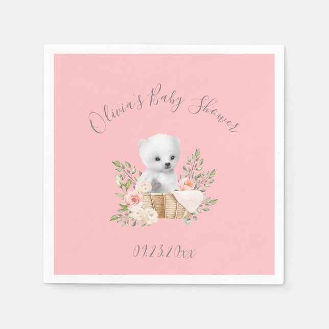 Pink Polar Bear Baby Girl Shower Napkins (Front)