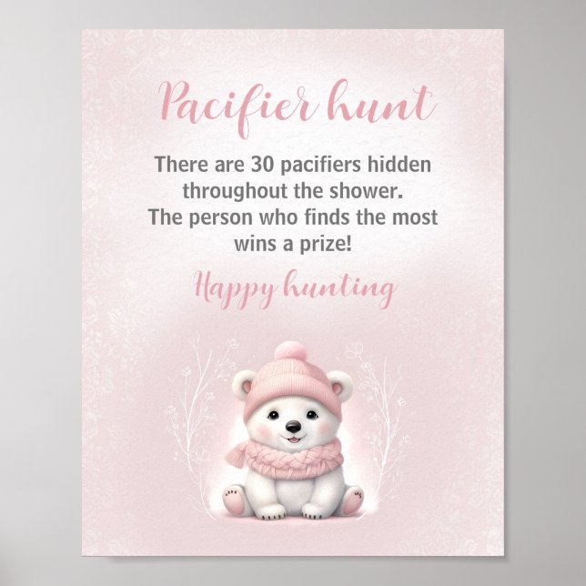 Pink Polar Bear Baby Shower Pacifier Hunt Game Poster (Front)