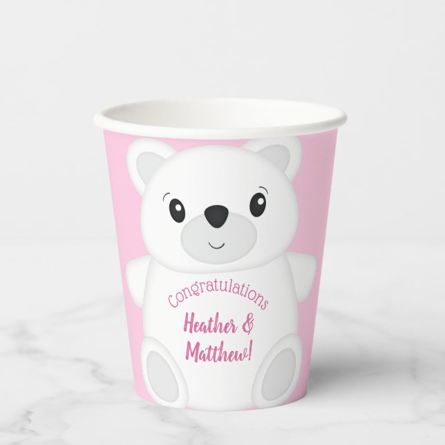 Pink Polar Bear Baby Shower Paper Cups (Front)
