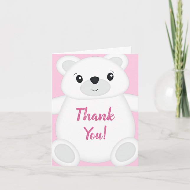Pink Polar Bear Baby Shower Thank You Card (Front)