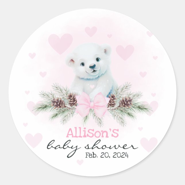Pink Polar Bear Cub Girl Hearts Winter Baby Shower Classic Round Sticker (Front)
