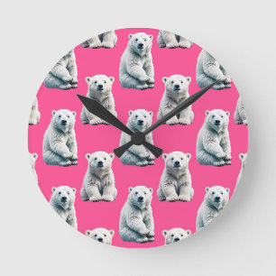 Pink Polar Bear Pattern Design Round Clock