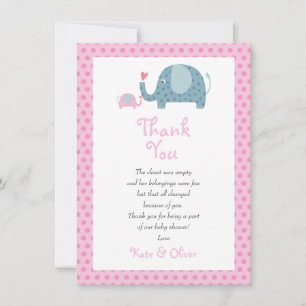 Pink Polk Dot Elephants Baby Girl Thank You Poem Card