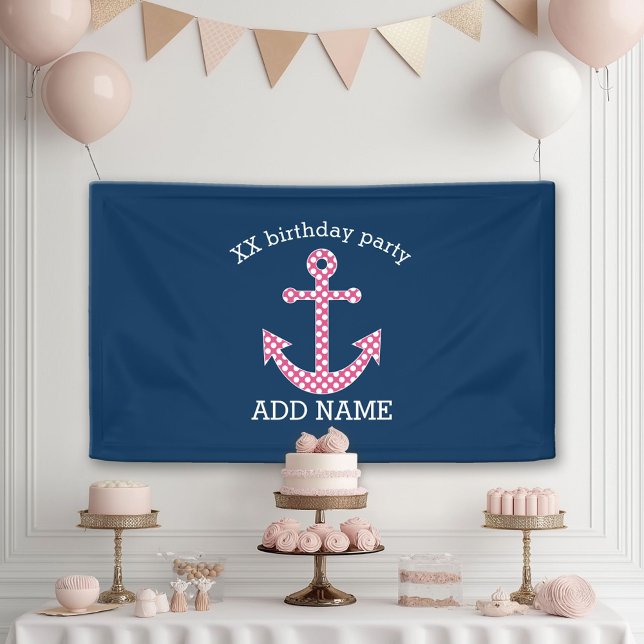 Pink Polka Dot Anchor with Navy Custom Name Banner (Custom Party Banner)