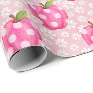 Pink Polka Dot Apple & Daisy Seamless Pattern Wrapping Paper