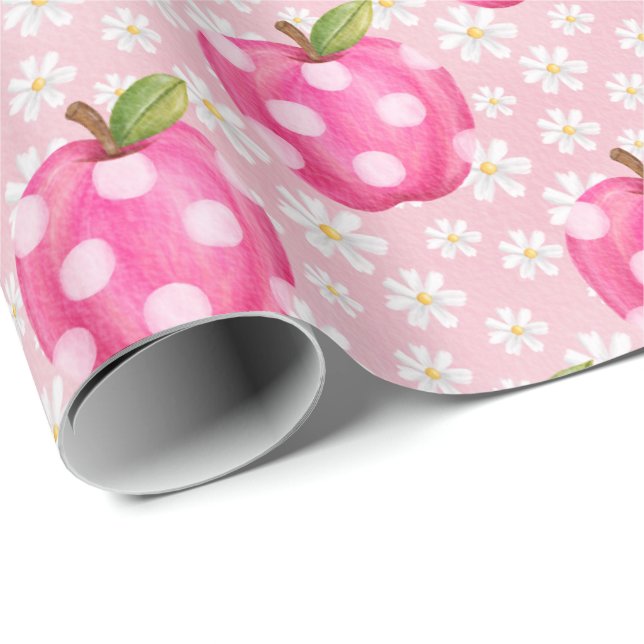 Pink Polka Dot Apple & Daisy Seamless Pattern Wrapping Paper (Roll Corner)