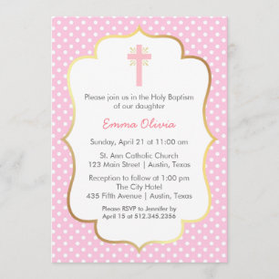 Pink Polka Dot Baptism with Cross and Gold Border Invitation