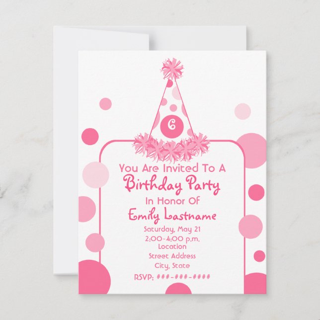 Pink Polka Dot Birthday Party Hat Invite (Front)
