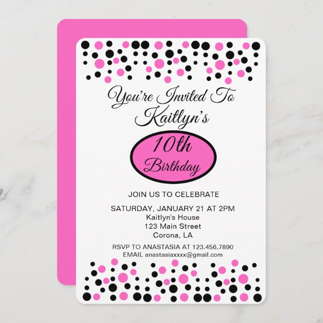 Pink Polka Dot Birthday Party Invitation (Front/Back)