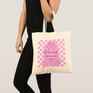 Pink polka dot bows gingham plaid baby shower tote bag