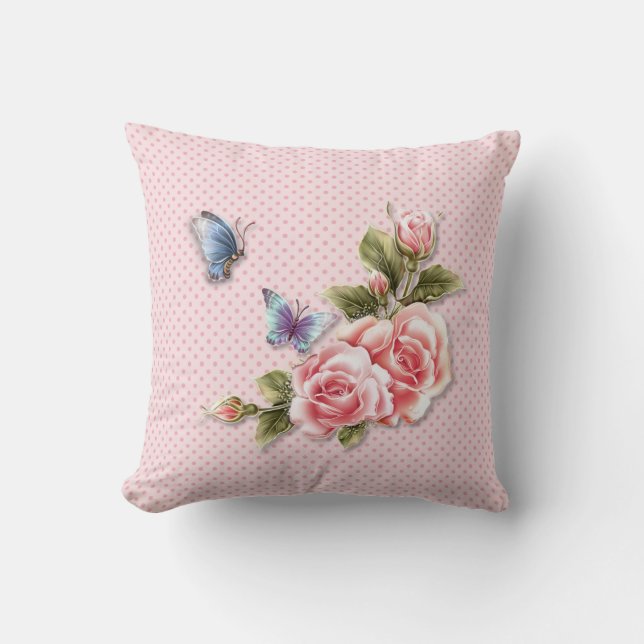 Pink Polka Dot Butterfly Roses Cushion (Front)