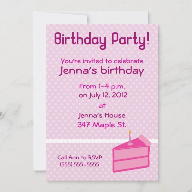 Pink Polka Dot Cake Birthday Party Invitation (Front)