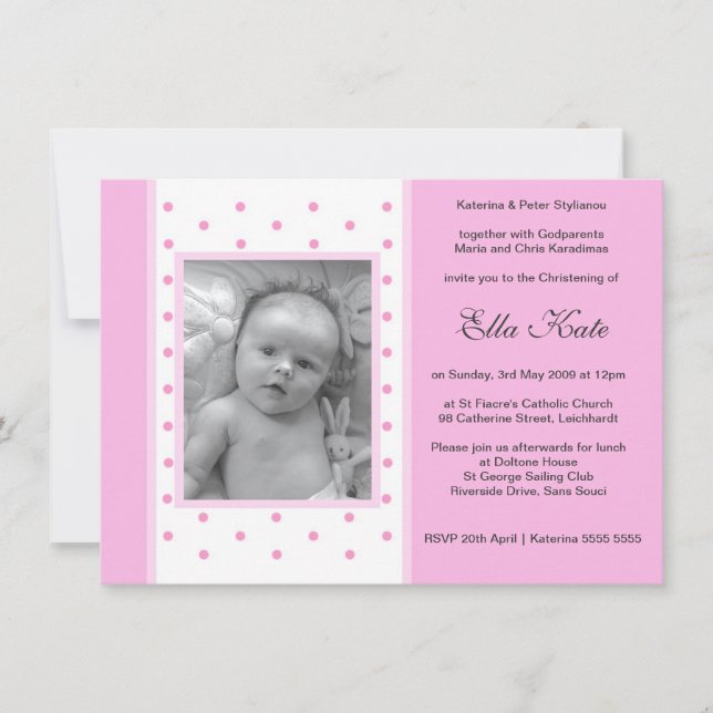 Pink Polka Dot Christening Invitations (Front)