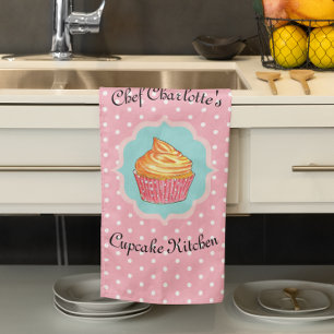 Pink Polka Dot Cupcake Kitchen Personalised Tea Towel