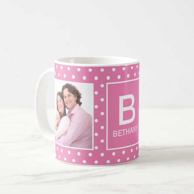 Pink Polka Dot Custom Photo Monogram Coffee Mug (Front Left)