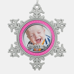 Pink Polka Dot Family Photo Snowflake Pewter Christmas Ornament