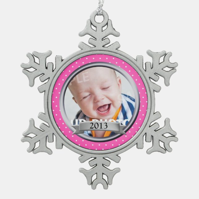 Pink Polka Dot Family Photo Snowflake Pewter Christmas Ornament (Front)