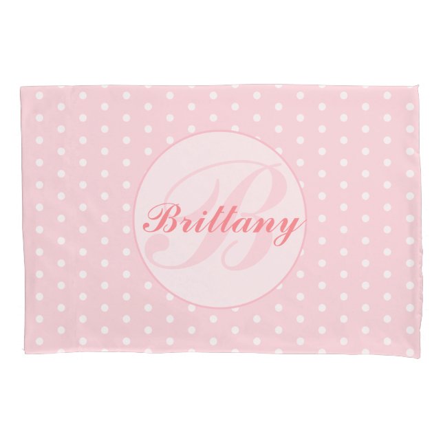 Pink Polka Dot Flower Monogrammed Pillow Case (Front)