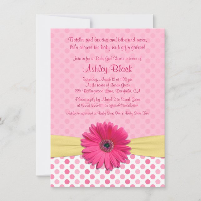 Pink Polka Dot Gerber Daisy Baby Shower Invitation (Front)