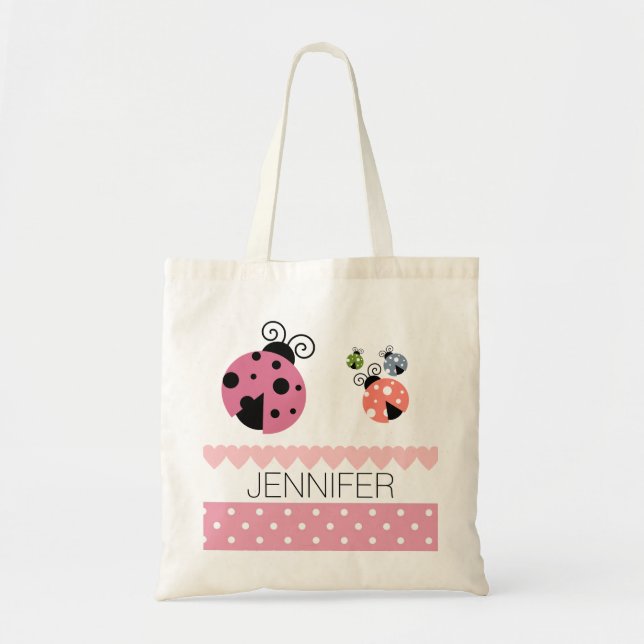 Pink Polka Dot Ladybug Heart Book Bag (Front)