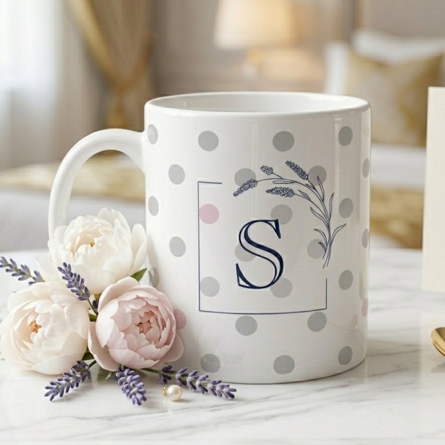 Pink Polka Dot Monogram Gift for Her Wedding Large Coffee Mug (Creator Uploaded)