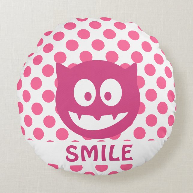 Pink Polka Dot Monster SMILE Round Cushion (Front)
