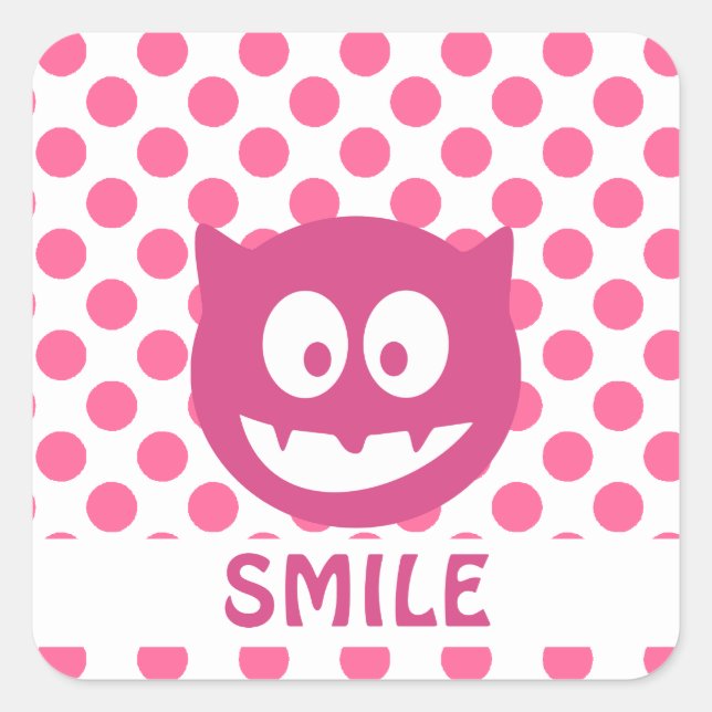 Pink Polka Dot Monster SMILE Square Sticker (Front)