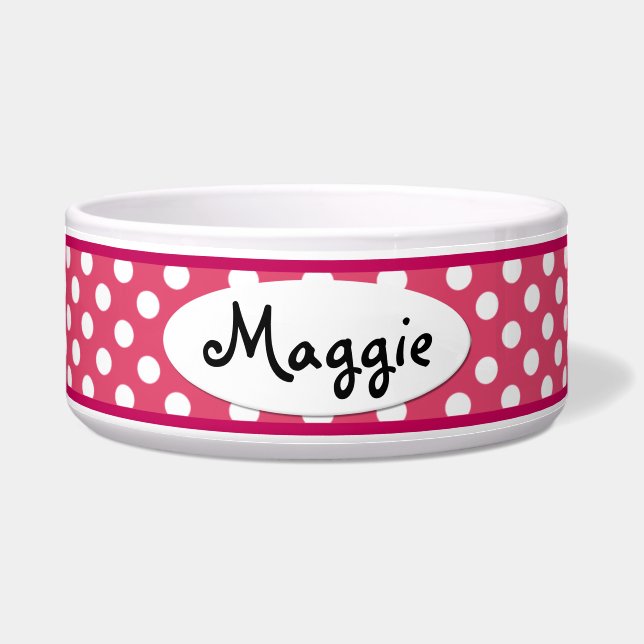 Pink Polka Dot Personalised Ceramic Dog Bowl (Front)