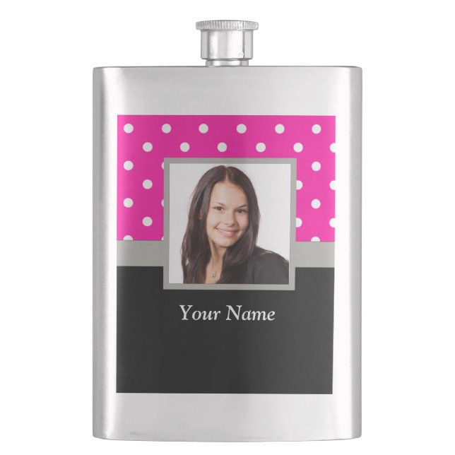 Pink Polka dot photo template Hip Flask (Front)