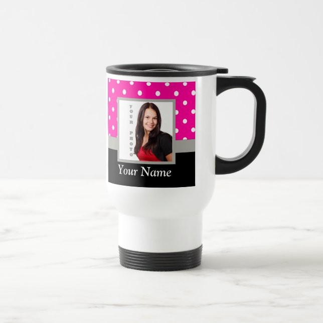 Pink Polka dot photo template Travel Mug (Right)