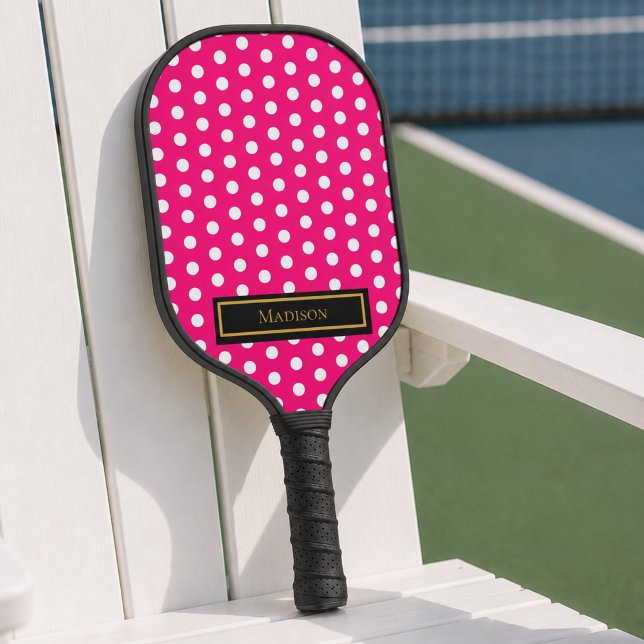 Pink Polka Dot Pickleball Paddle (cute girly pink white polka dot pickleball paddle with custom monogram name)