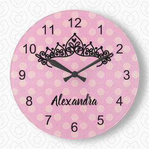 Pink Polka Dot Princess Tiara Wall Clock