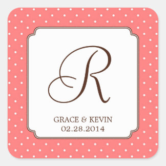 Pink polka dot single monogram letter custom square sticker