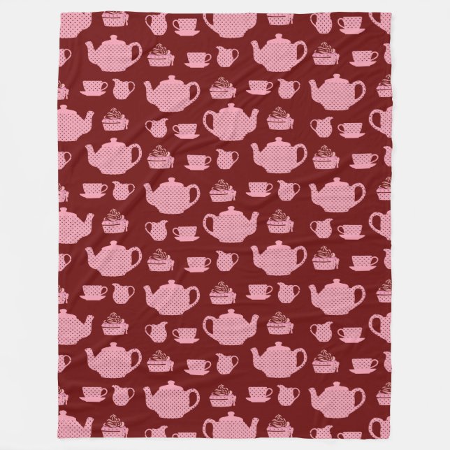 Pink Polka Dot Tea Set on Burgundy Pattern Fleece Blanket (Front)