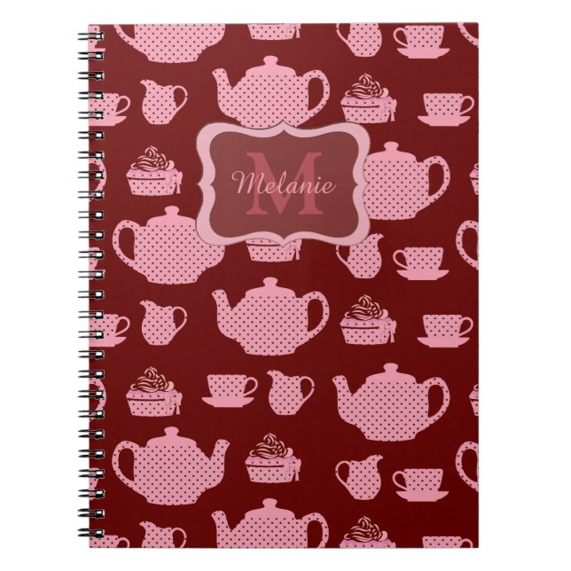 Pink Polka Dot Tea Set on Burgundy Personalised Notebook (Front)