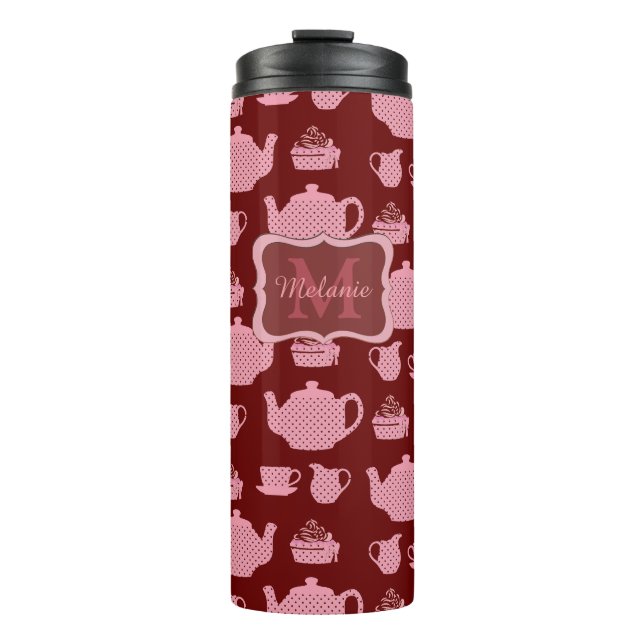 Pink Polka Dot Tea Set on Burgundy Personalised Thermal Tumbler (Front)