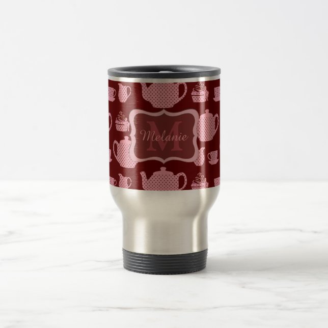 Pink Polka Dot Tea Set on Burgundy Personalised Travel Mug (Center)