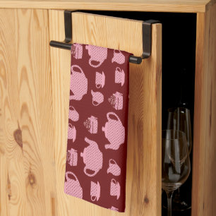 Pink Polka Dot Tea Set on Burgundy Towel