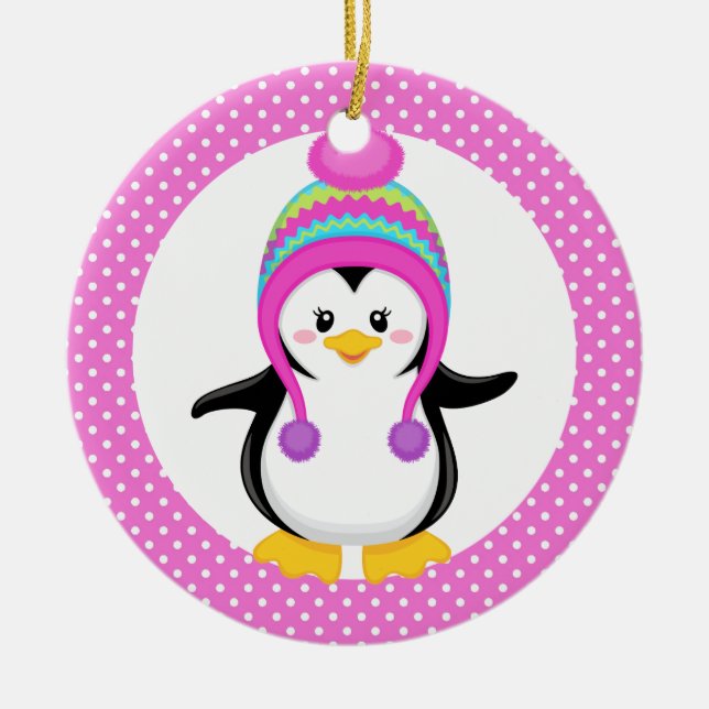 Pink Polka Dot Winter Penguin Girl Ceramic Tree Decoration (Front)