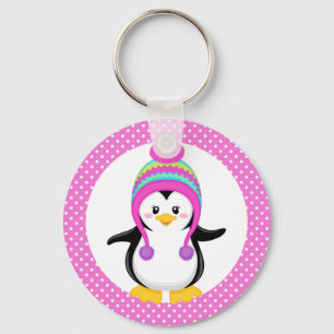 Pink Polka Dot Winter Penguin Girl Key Ring