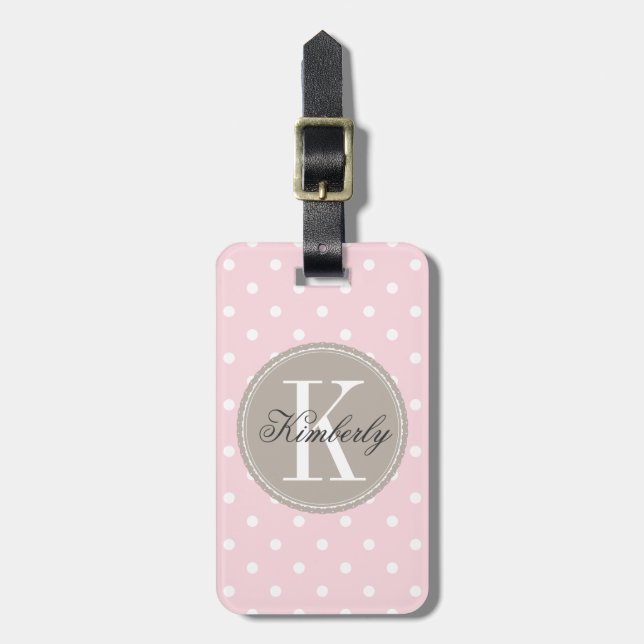 Pink Polka Dot with Taupe Monogram Luggage Tag (Front Vertical)