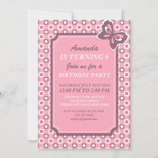 Pink Polka Dots and Butterfly Invitation Card (Front)