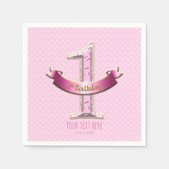Pink Polka Dots & Banner ONE 1st 1 Birthday Party Napkin (Front)