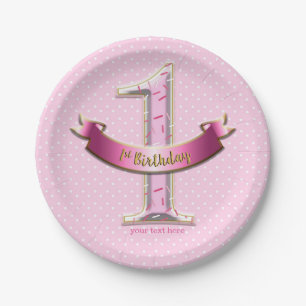 Pink Polka Dots & Banner ONE 1st 1 Birthday Party Paper Plate